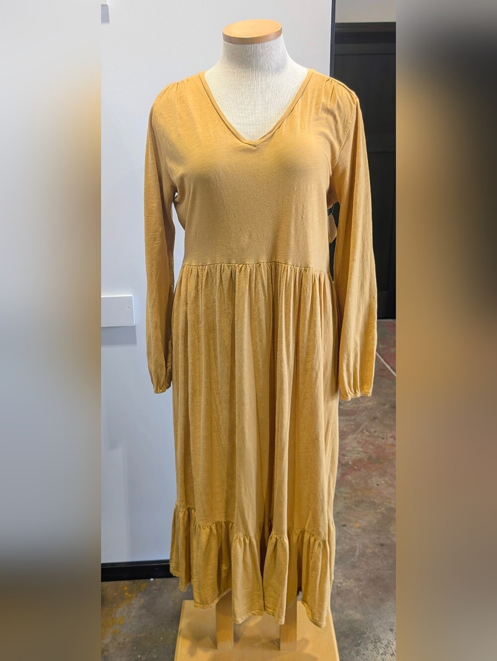For The Republic Mustard V‑Neck Long Sleeve Tiered Maxi Dress